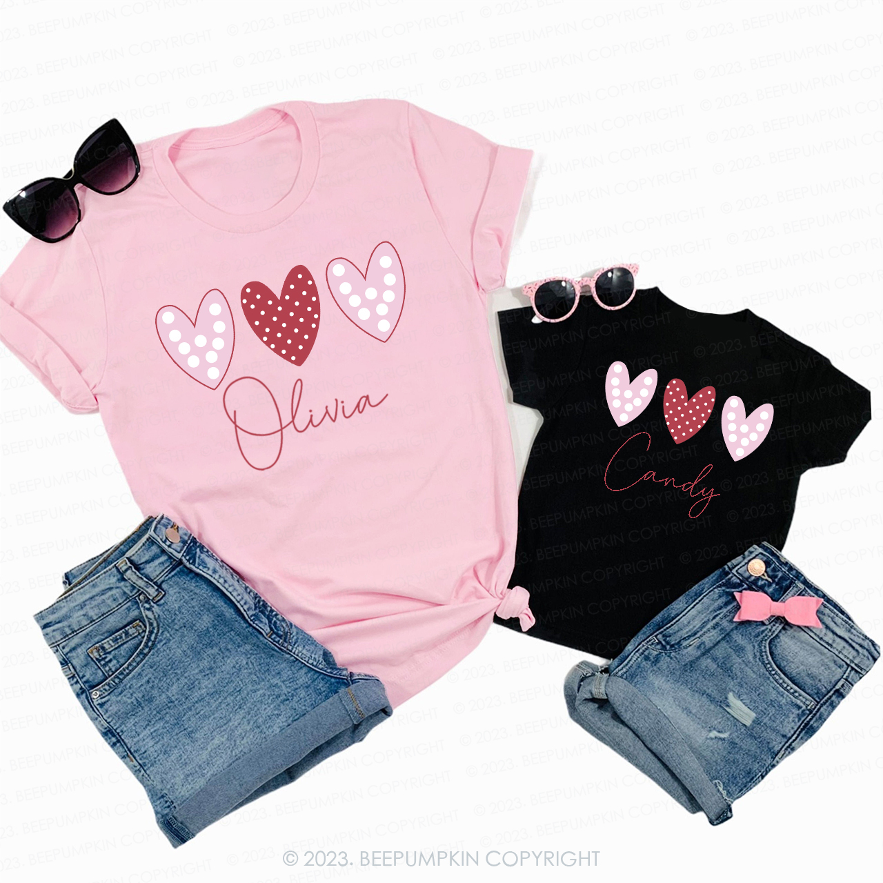 Polka Dots Pink Heart Valentines Day Shirts For Family