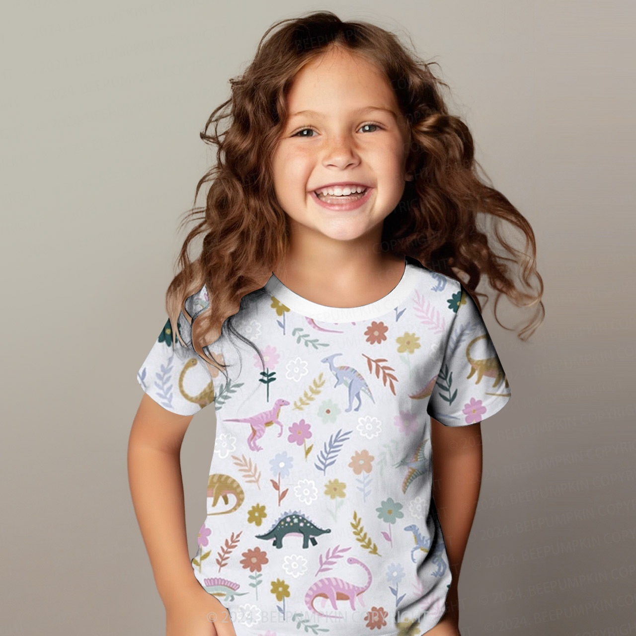 Colorful Spotted Dinosaur Flowers All Over Print Kids Tees