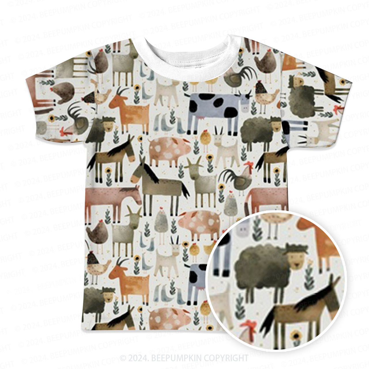 Cow Goat Pig Farm Animals All Over Print Kids Tees