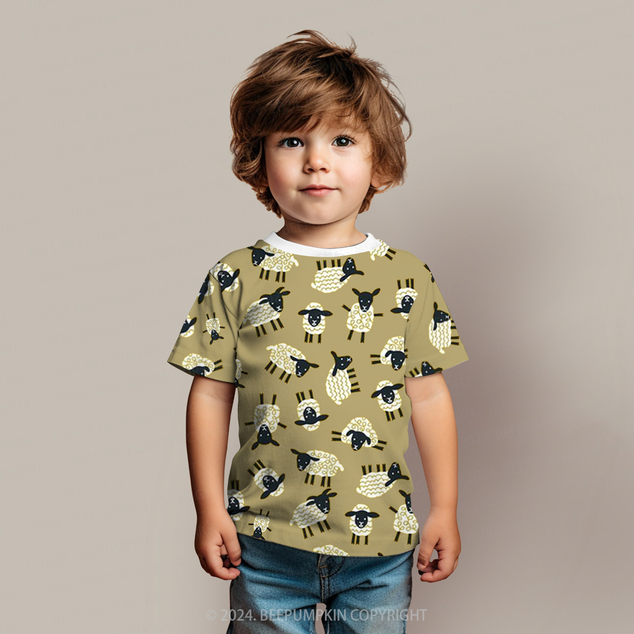Curly Cartoon Sheep All Over Print Kids Tees