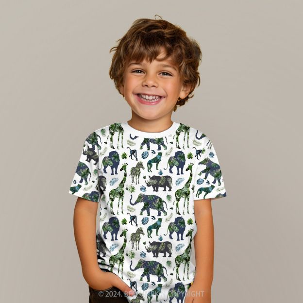 Rainforest Safari Animals All Over Print Kids Tees 