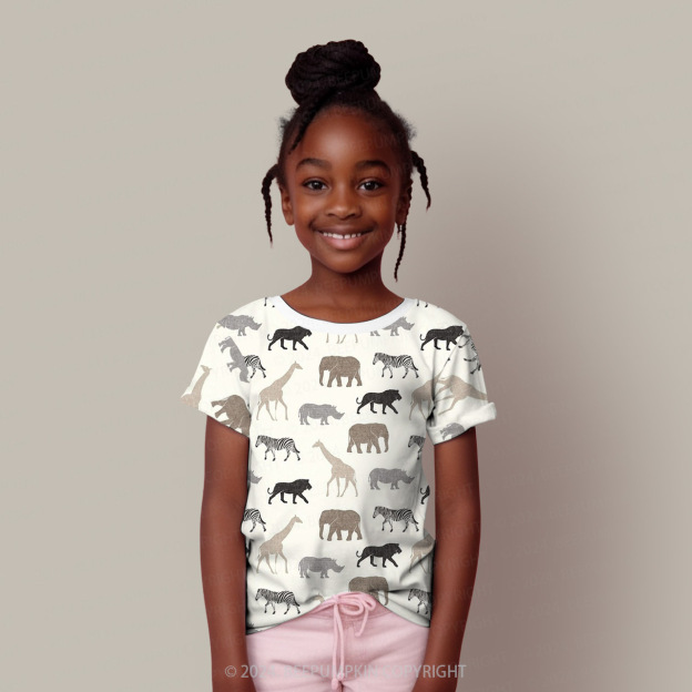 Safari Animals Silhouettes All Over Print Kids Tees 