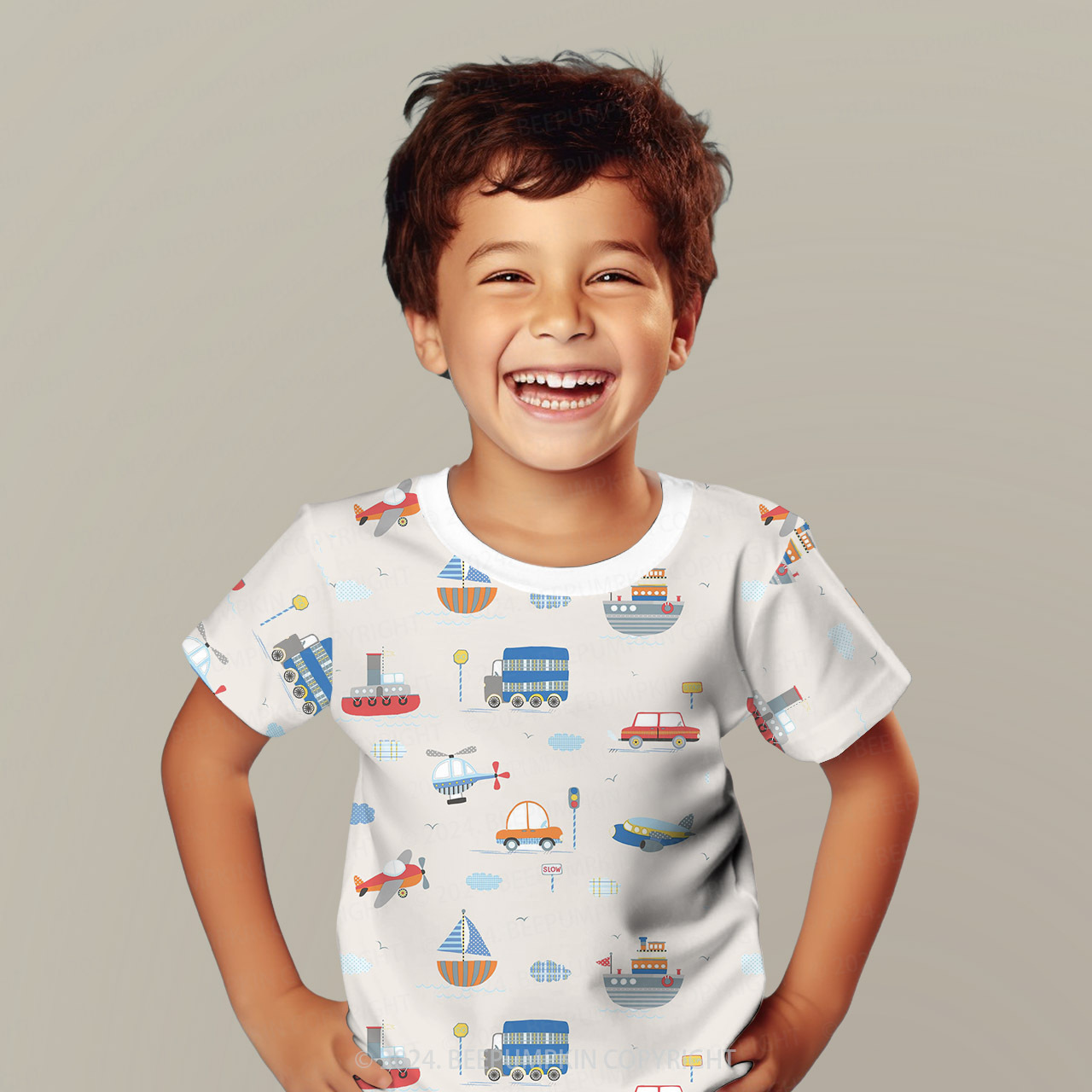 Ships Airplanes And Car All Over Print Kids Tees