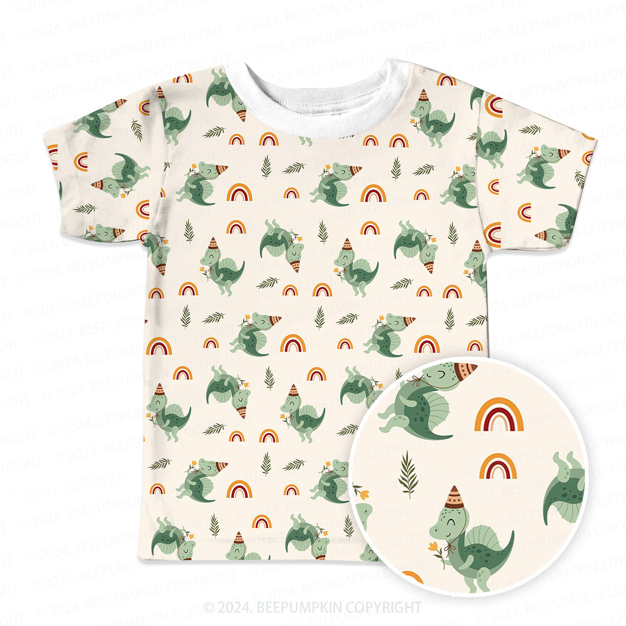 Green Dinosaur And Rainbow All Over Print Kids Tees