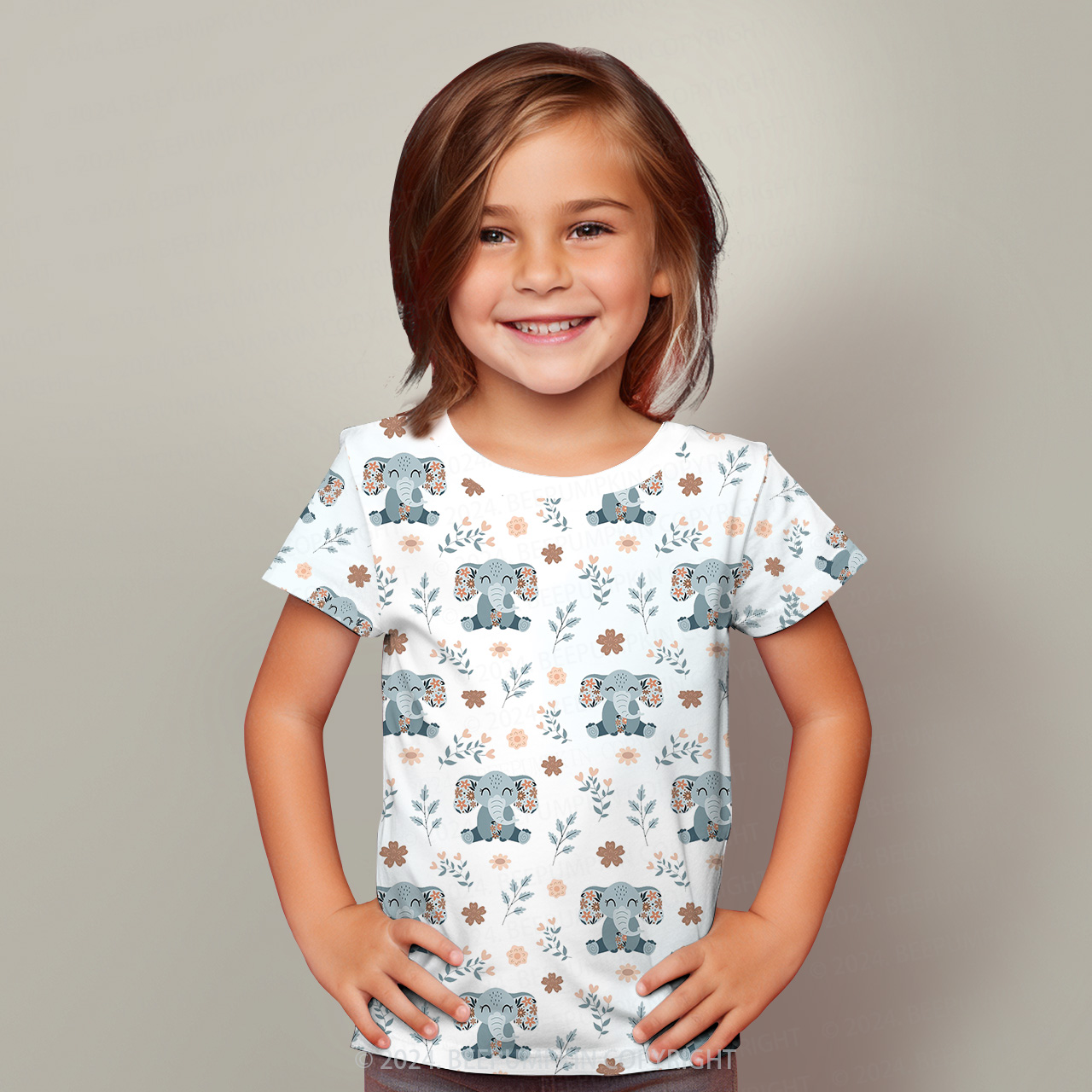 Elephant With Flowers All Over Print Kids Tees 