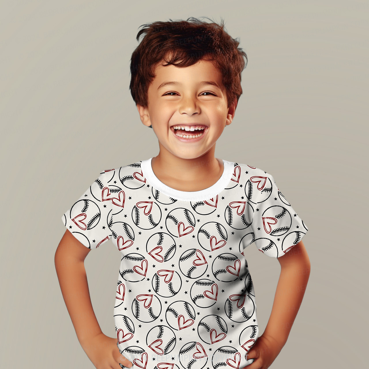 Baseball With Heart All Over Print Kids Tees
