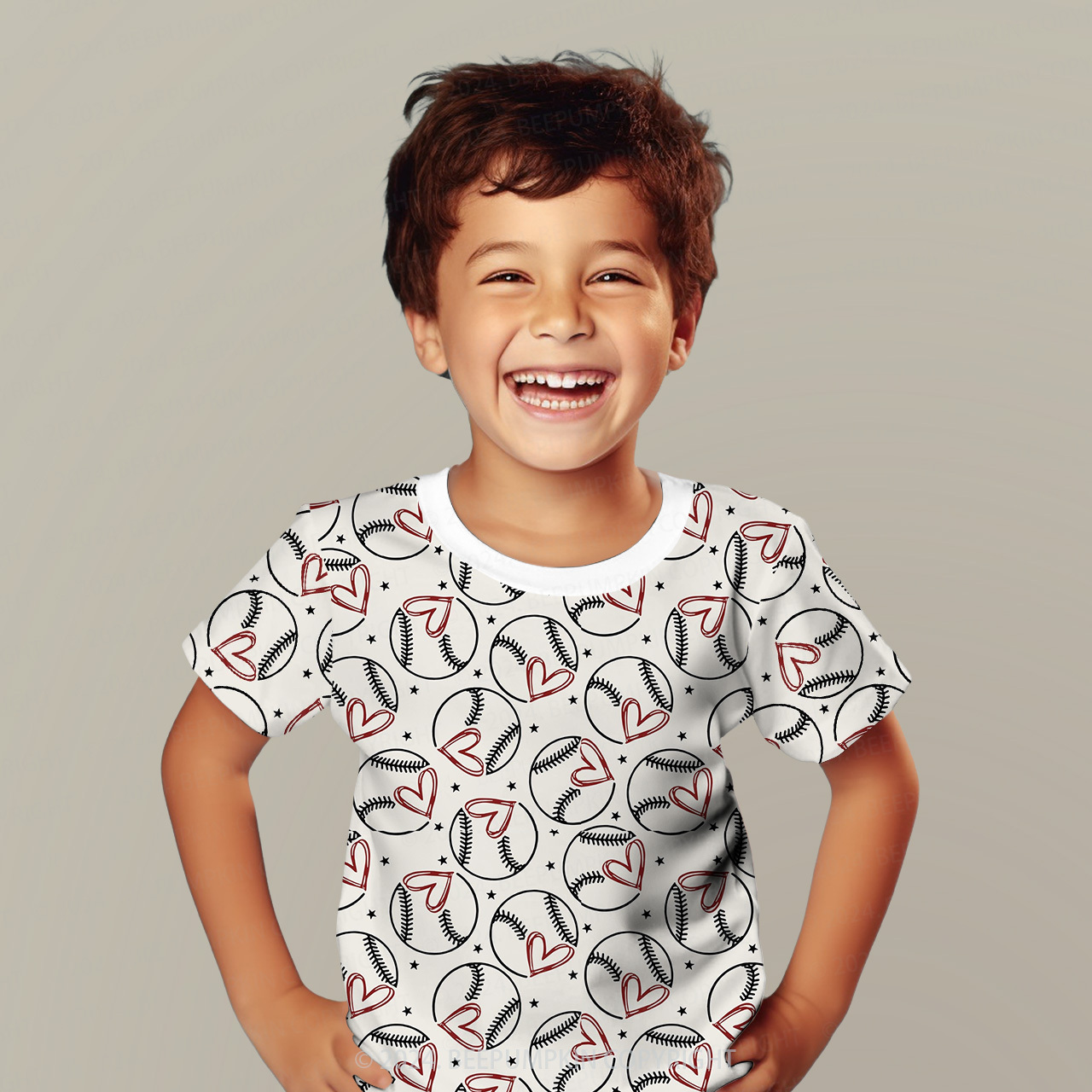 Baseball With Heart All Over Print Kids Tees