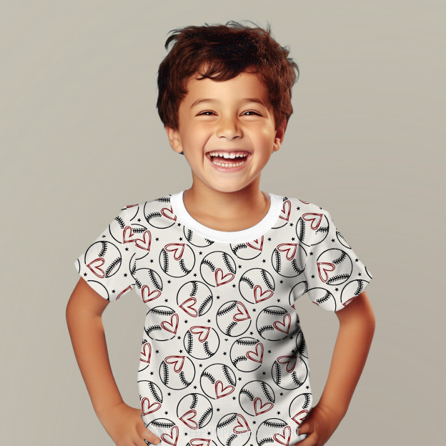 Baseball With Heart All Over Print Kids Tees