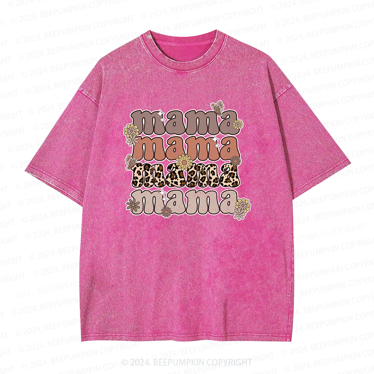 Leopard Mama Retro Flowers Mama Washed T-Shirts 