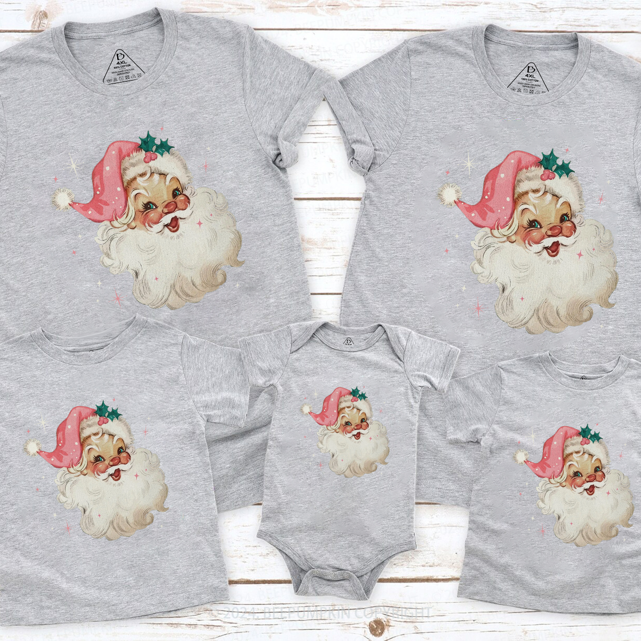 Retro Pink Santa Christmas Family Matching T-Shirts