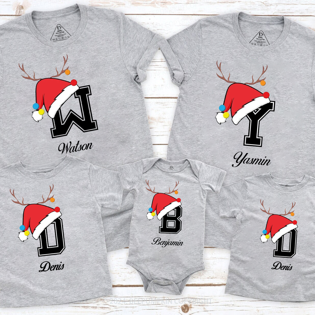 Personalized Christmas Hat Name Initial Family Matching T-Shirts Beepumpkin