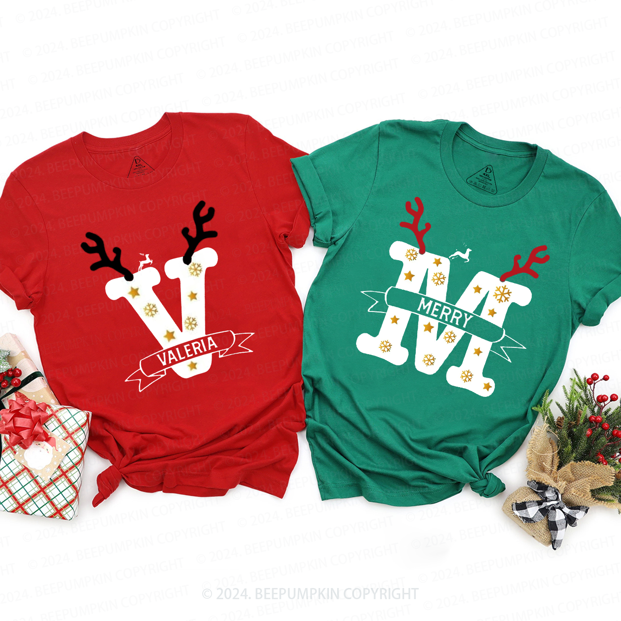 Personalized Antlers And Golden Snowflakes Christmas Matching T-Shirts Beepumpkin