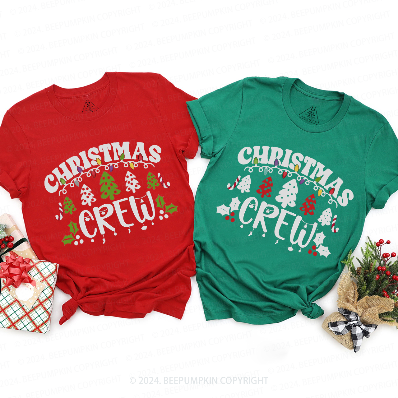 Christmas Crew Tree And Light Family Matching T-Shirts Beepumpkin