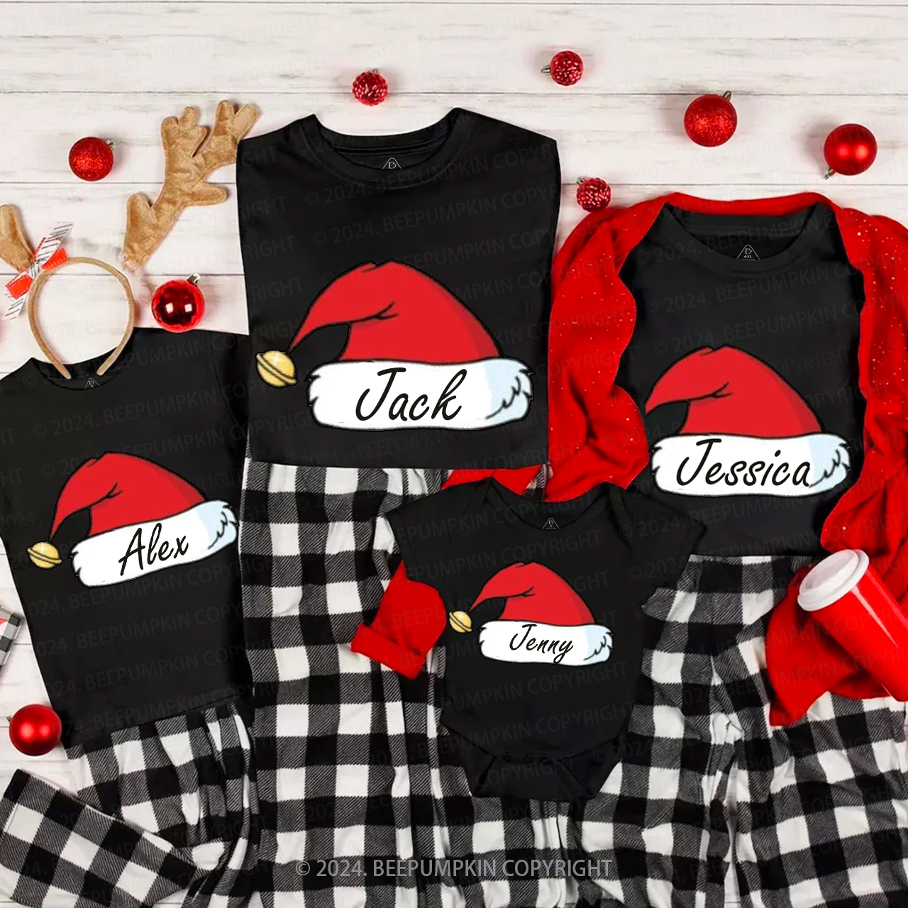 Personalized Bell Santa Hat Family Matching T-Shirts Beepumpkin