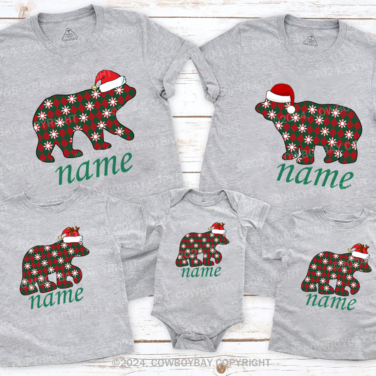 Personalized Plaid Bear With Santa Hat Christmas Family Matching T-Shirts Beepumpkin
