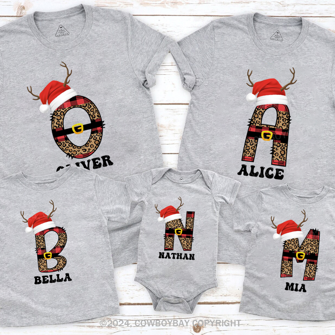 Personalized Monogrammed Plaid Letter With Santa Hat Christmas Family Matching T-Shirts Beepumpkin