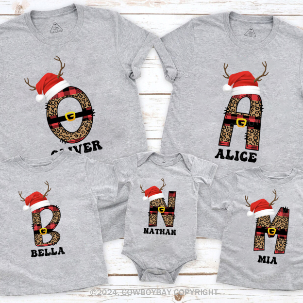 Personalized Monogrammed Plaid Letter With Santa Hat Christmas Family Matching T-Shirts Beepumpkin