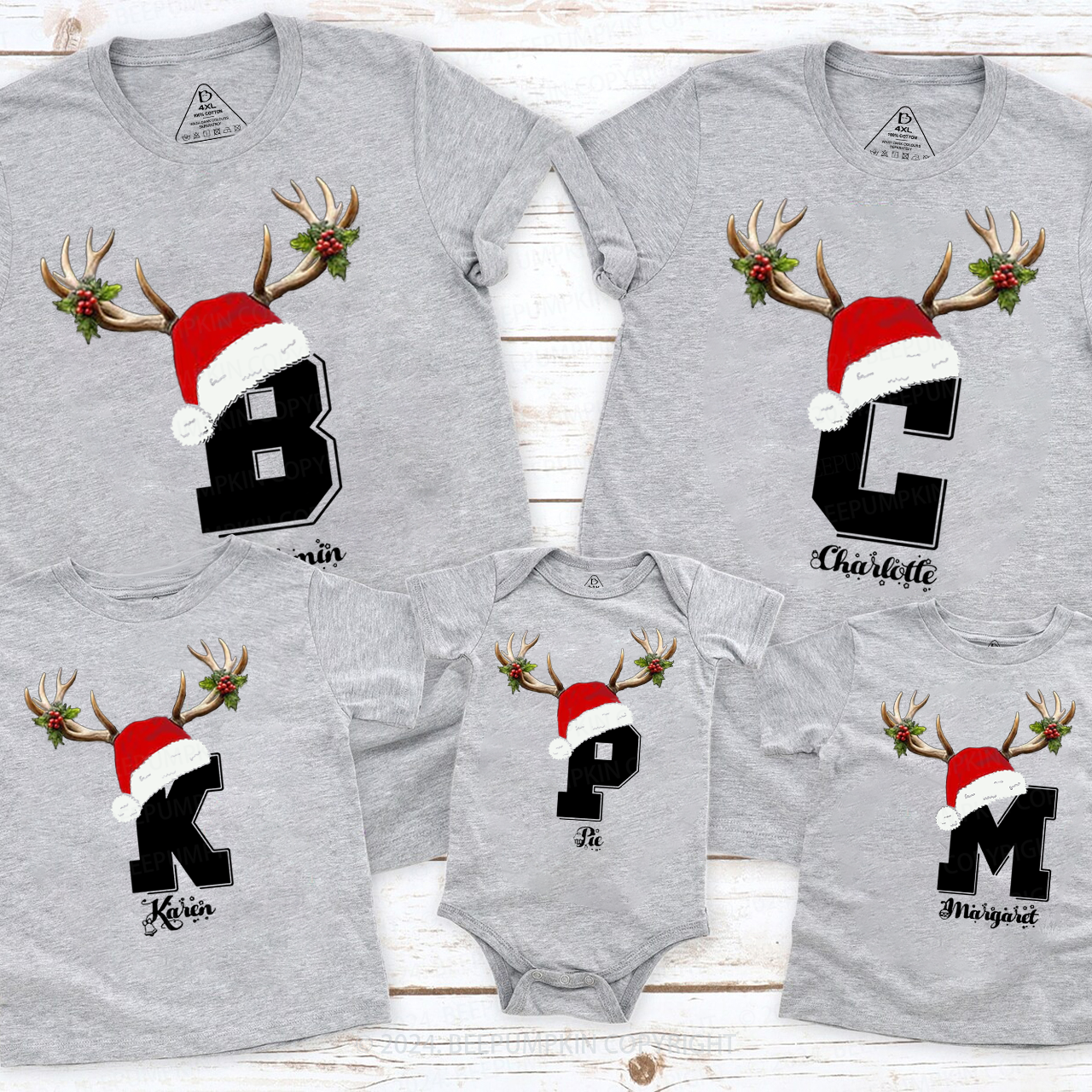 Personalized Deer Antler Name Monogram Christmas Family Matching T-Shirts Beepumpkin