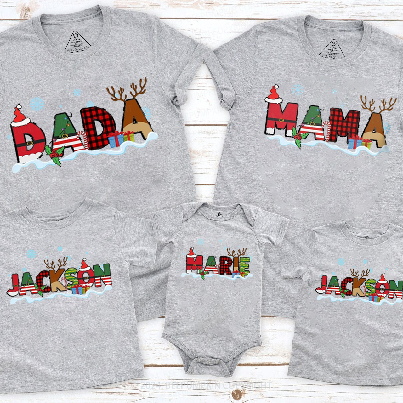 Personalized Reindeer Letters Christmas Family Matching T-Shirts Beepumpkin