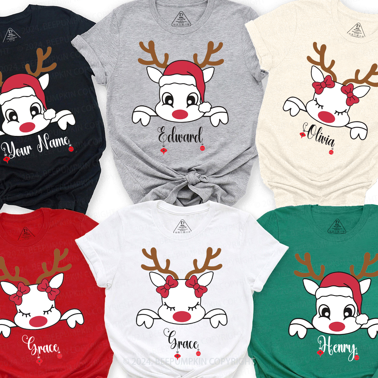 Personalized Christmas Reindeer With Santa Hat Family Matching T-Shirts Beepumpkin