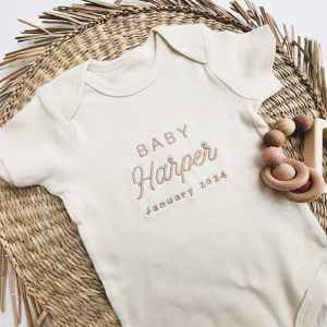 Image of Personalized Natural Baby Name Embroidered Bodysuit For Baby