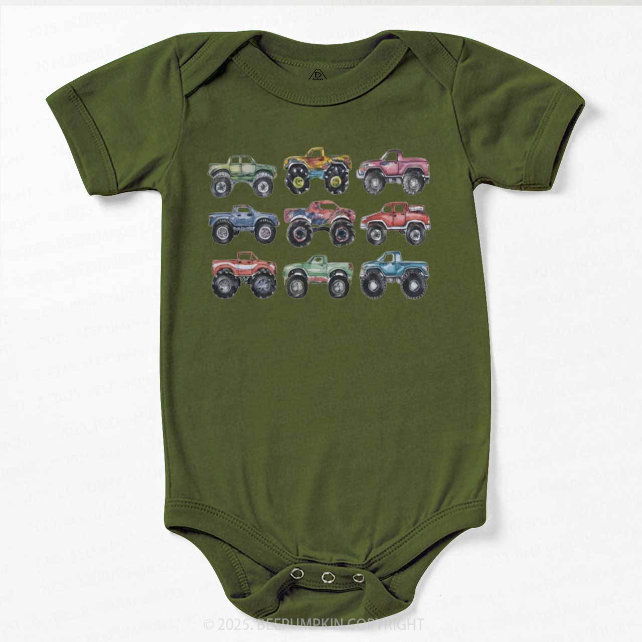 Retro Monster Trucks In A Row Bodysuit Beepumpkin