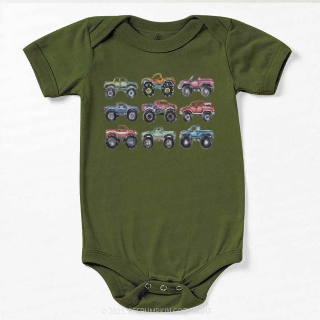 Retro Monster Trucks In A Row Bodysuit Beepumpkin