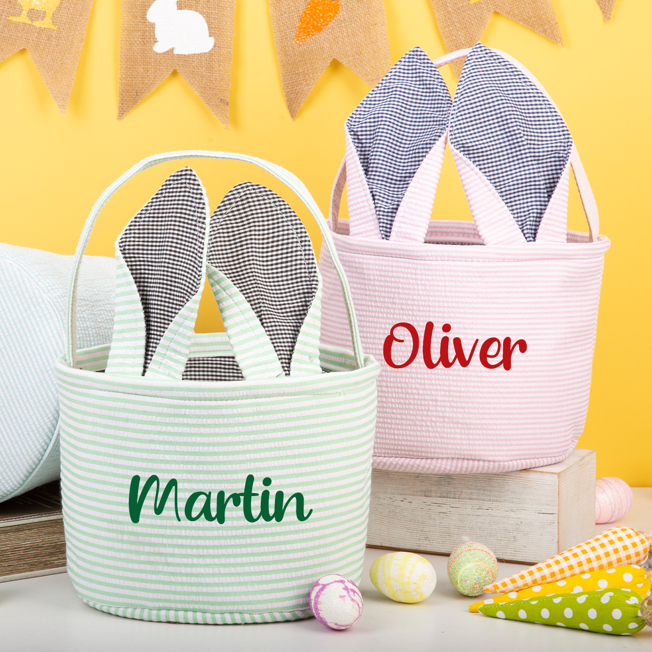 Personalized Name Seersucker Vintage Rabbit Ears Basket