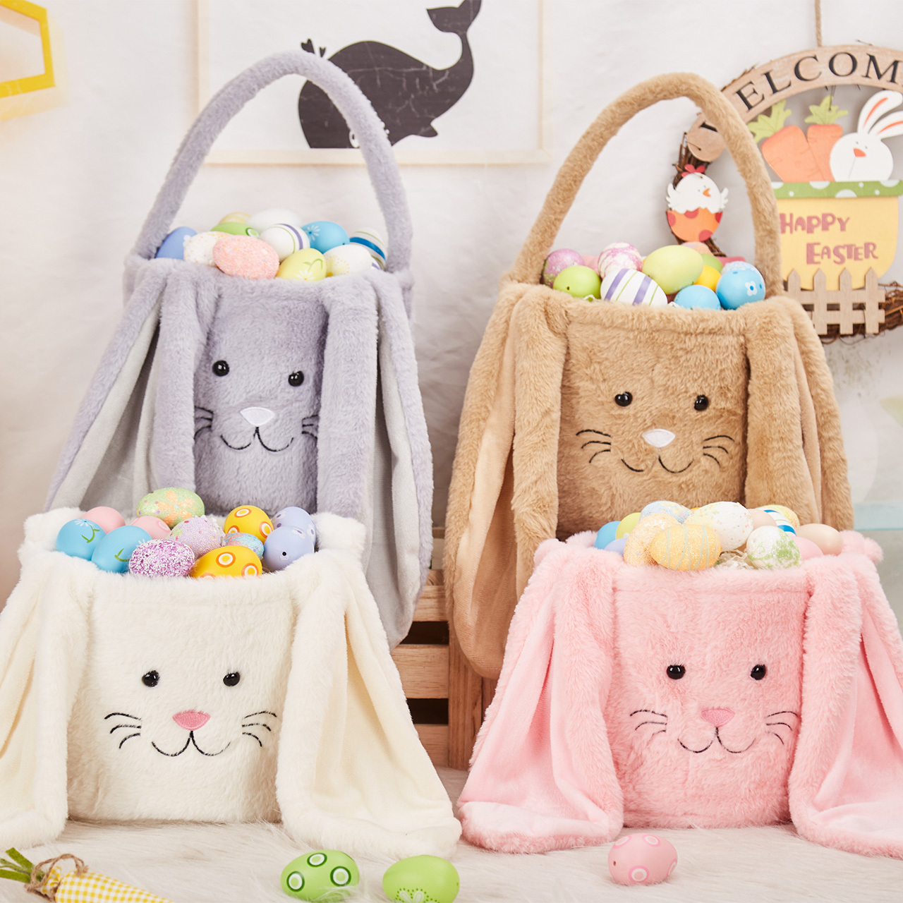 Personalized Name Bucket-Shaped Plush Rabbit Basket