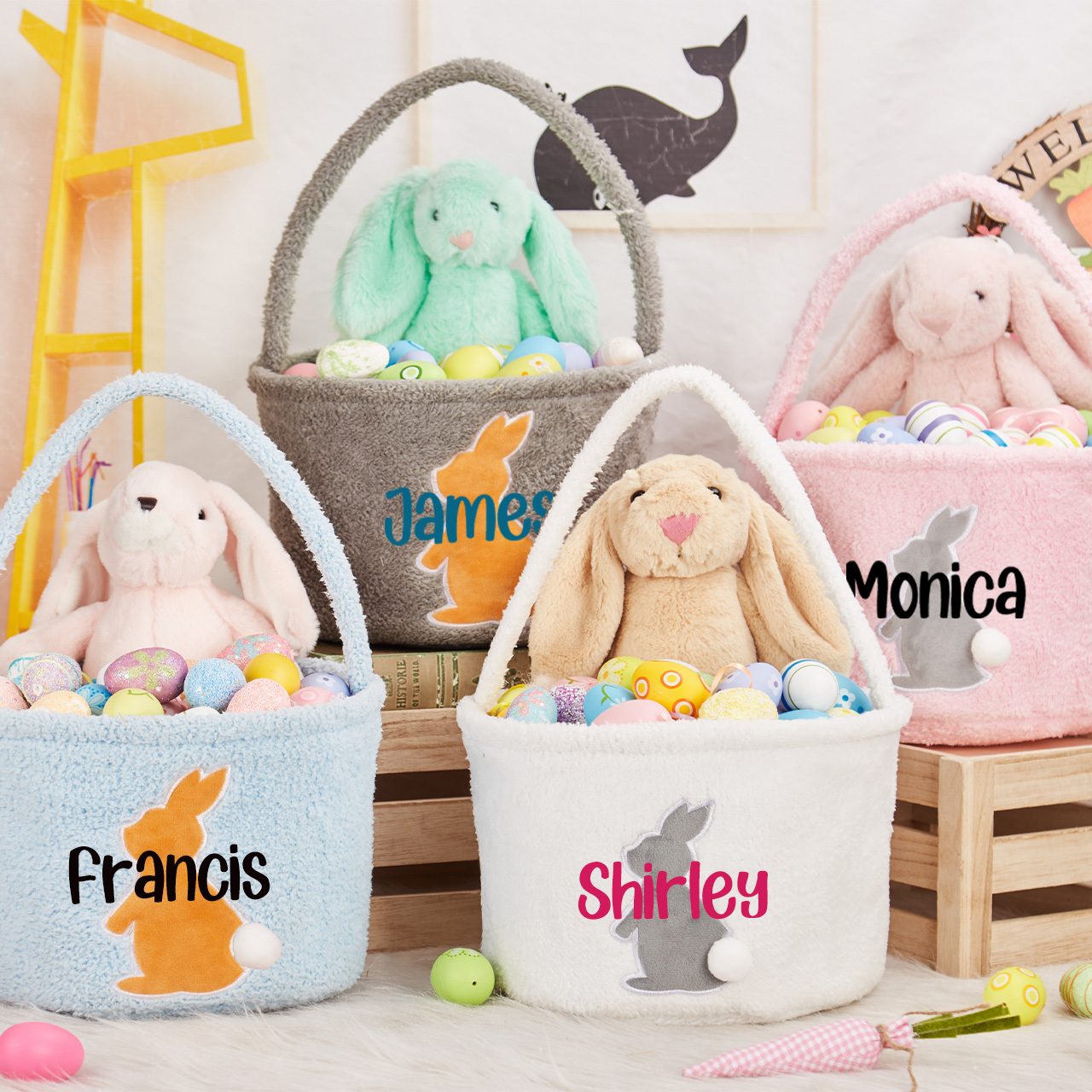 Personalized Name Easter Bucket Plush Bunny Basket