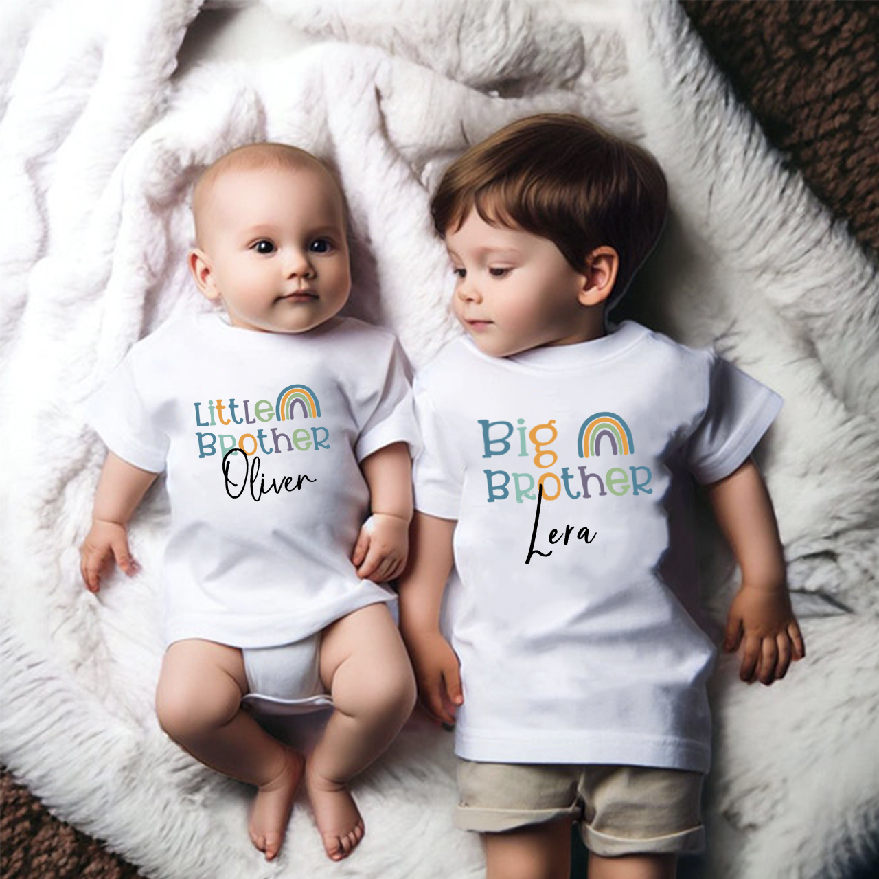 Personalised Name Rainbow Matching Tees For Siblings