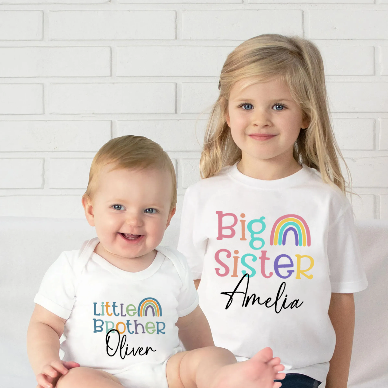 Personalised Name Rainbow Matching Tees For Siblings