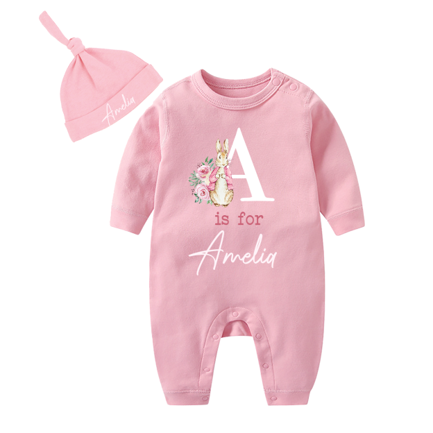 Personalized Pink Rabbit Romper And Hat Set