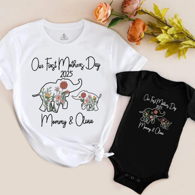 Personalized Flowers Elephant Mom&Me Matching Tees