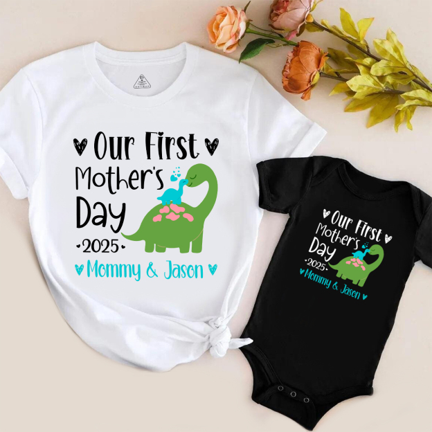 Personalized Our First Mothers Day Baby Dinosaur Mom&Me Matching Tees