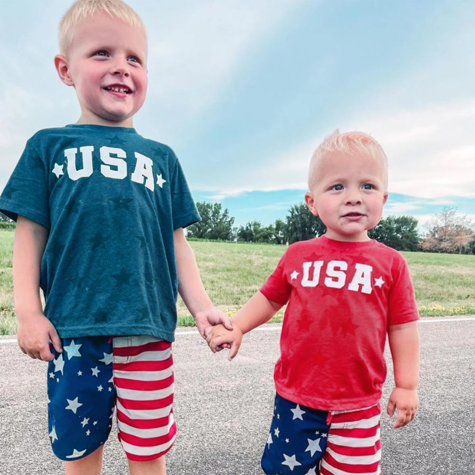 USA (Block Font - Two Stars) Independence Day Family Matching Shirts