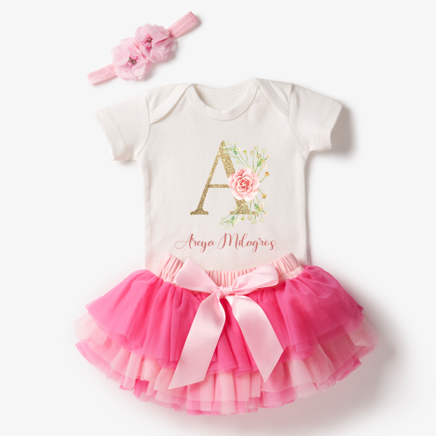 3 Pieces Personalized Golden Bloom Baby Girl Tutu Outfit Set