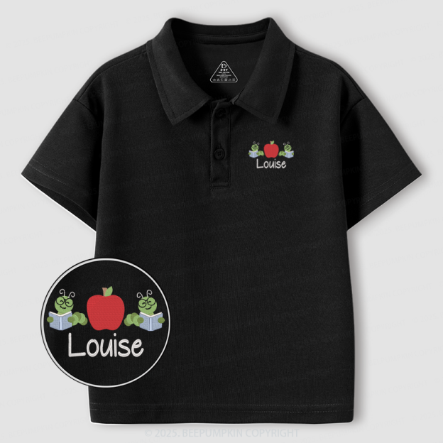 Embroidery Personalized Bookworm With Apple Toddler&Kid's Polo Shirt Beepumpkin