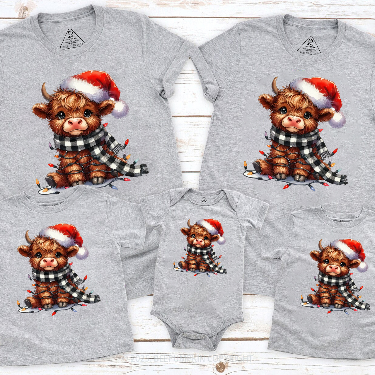 Christmas Lights Highland Cow Family Matching T-Shirts Beepumpkin