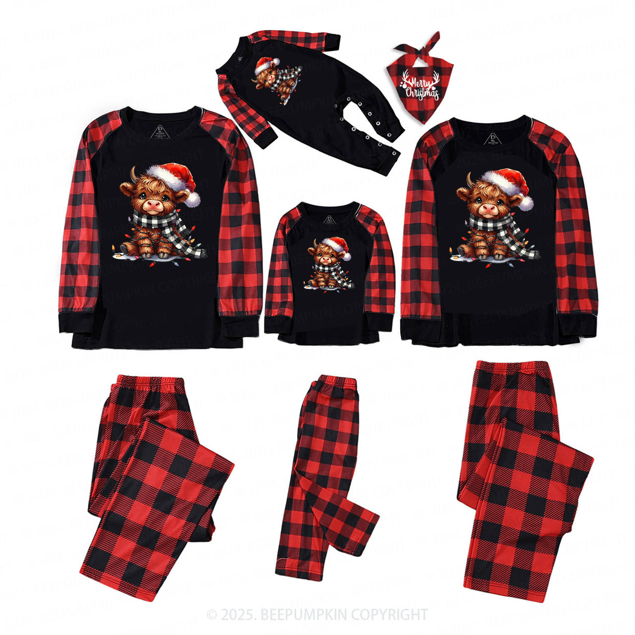 Christmas Lights Highland Cow Christmas Family Matching Pajamas