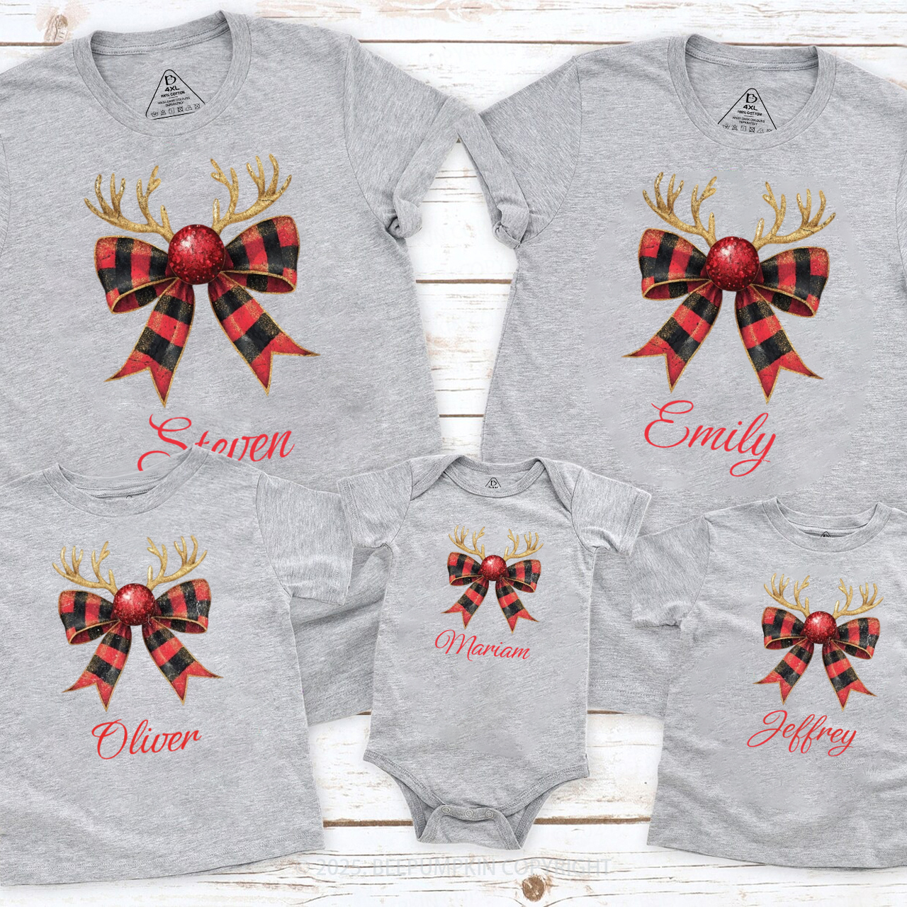 Personalized Reindeer Bow Family Matching T-Shirts Beepumpkin