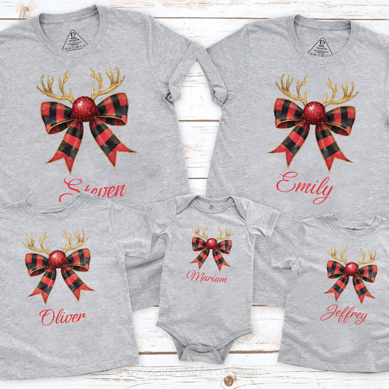 Personalized Reindeer Bow Family Matching T-Shirts Beepumpkin