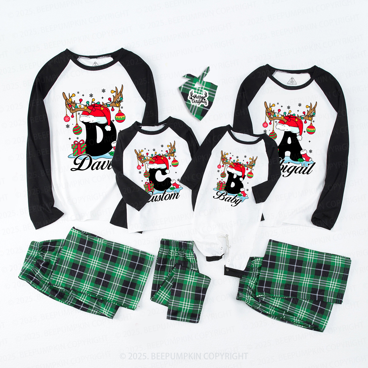 Personalized Antlered Alphabet Joy Christmas Family Matching Pajamas