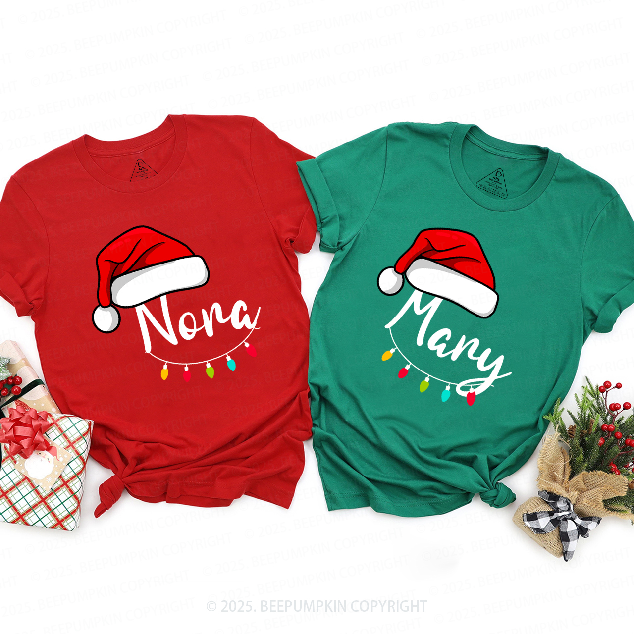 Personalized Santa Hat & Holiday Lights Family Matching T-Shirts Beepumpkin