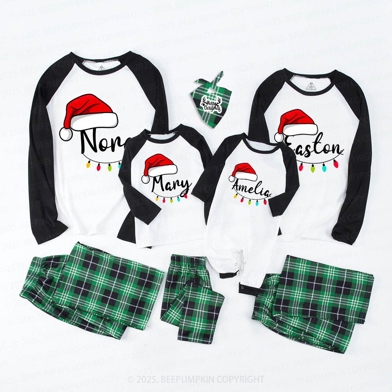 Personalized Santa Hat & Holiday Lights Family Matching Pajamas