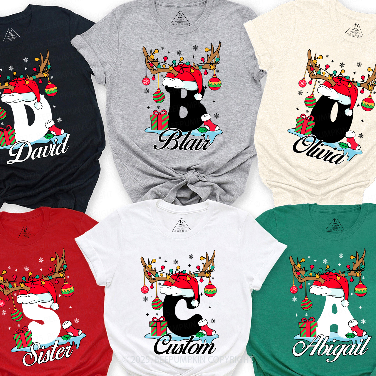 Personalized Antlered Alphabet Joy Christmas Family Matching T-Shirts Beepumpkin