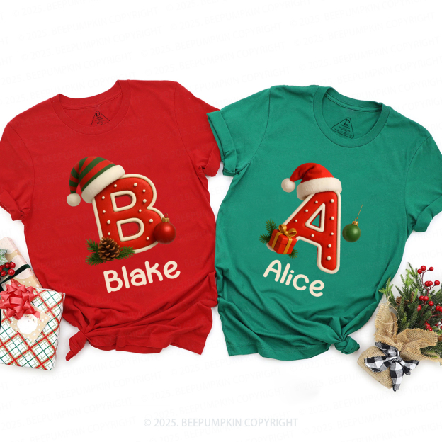 Personalized Santa Hat & Gift Alphabet Christmas Family Matching T-Shirts Beepumpkin