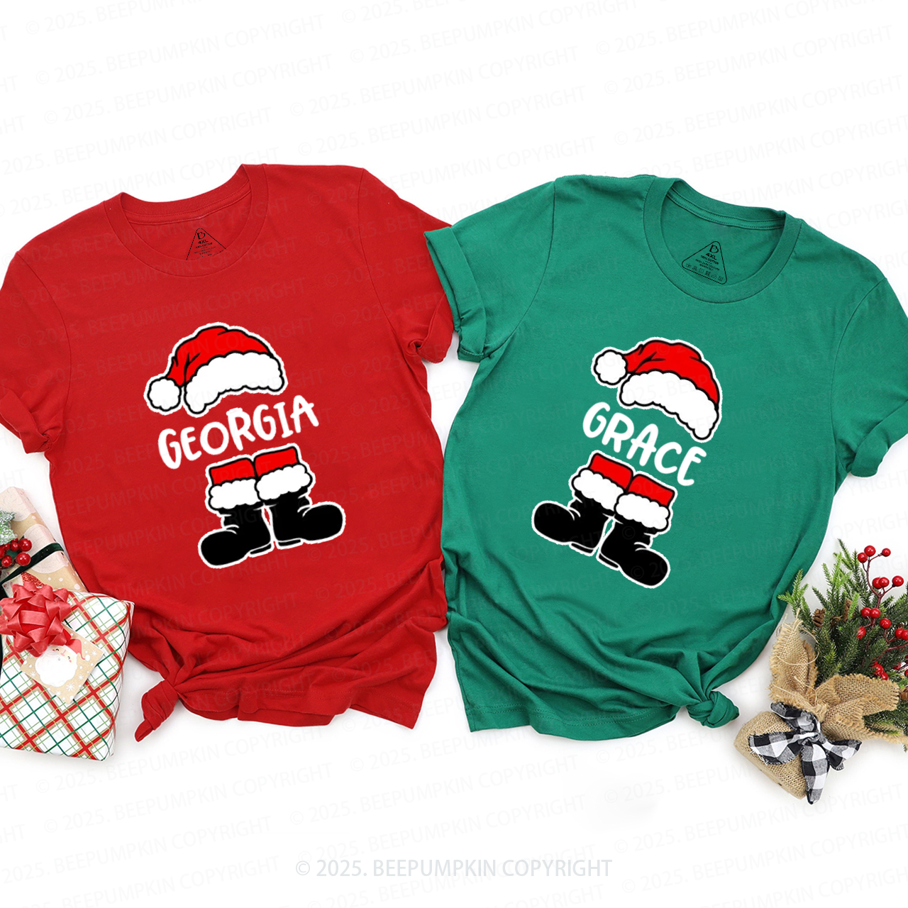 Personalized Santa Hat & Boots Christmas Family Matching T-Shirts Beepumpkin