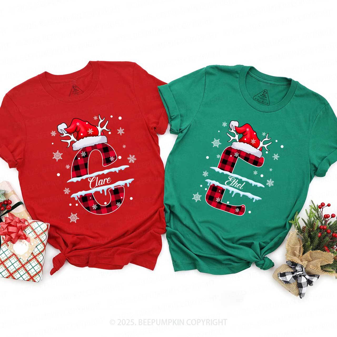 Personalized Christmas Red Plaid Snowflakes Name Family Matching T-Shirts Beepumpkin