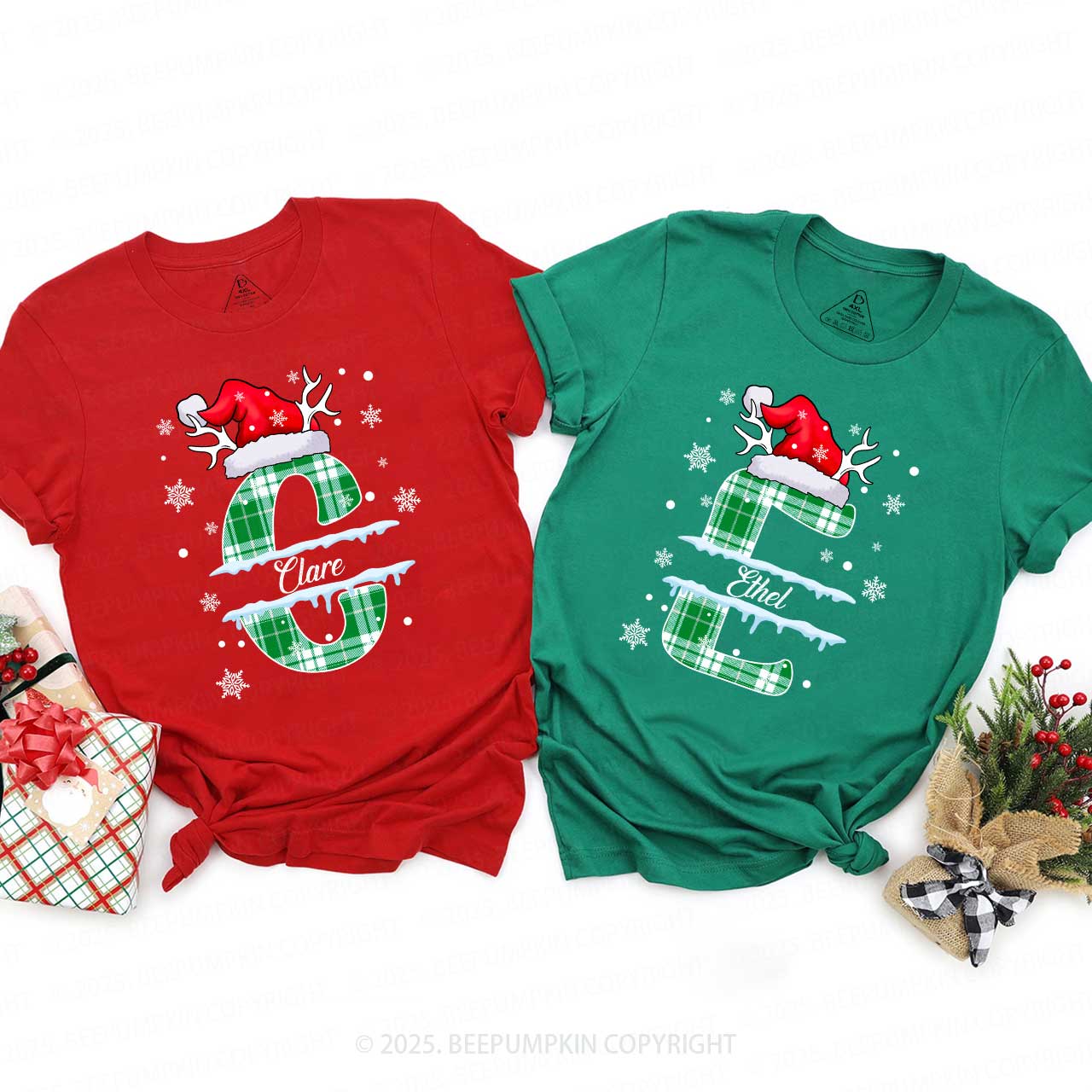 Personalized Christmas Green Plaid Snowflakes Name Family Matching T-Shirts Beepumpkin